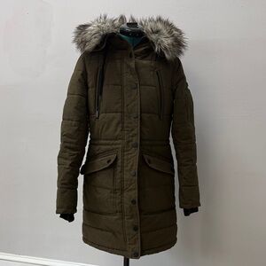 BCBGMaxAzria Olive Puffer Coat with Faux Fur Hood